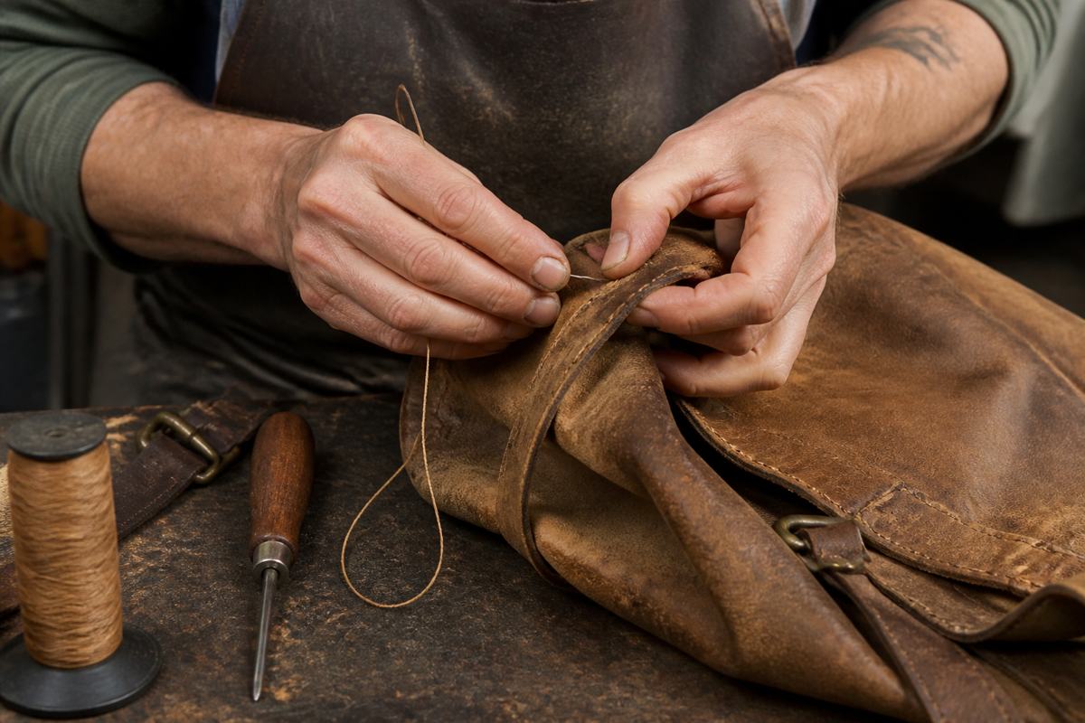 Hand stitching a leather bag seam
