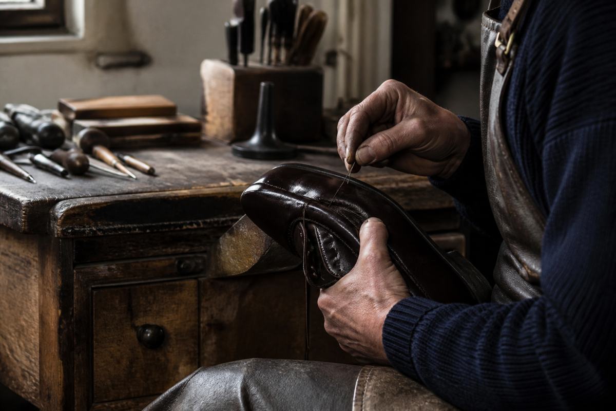 Shoe repair stitching at a workshop bench