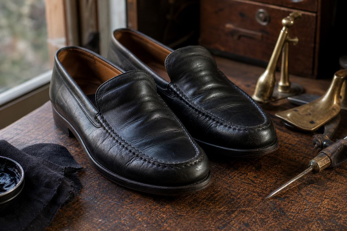 Worn leather loafers on a repair worktable
